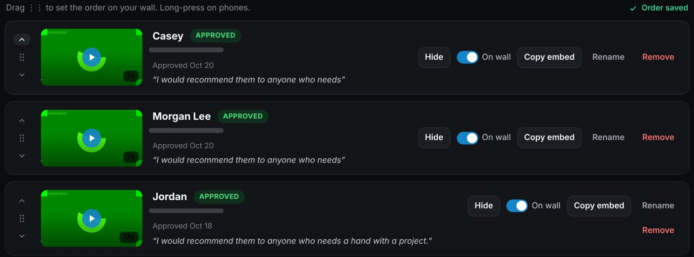 VidUP Reviews dashboard with approved reviews and drag-to-reorder