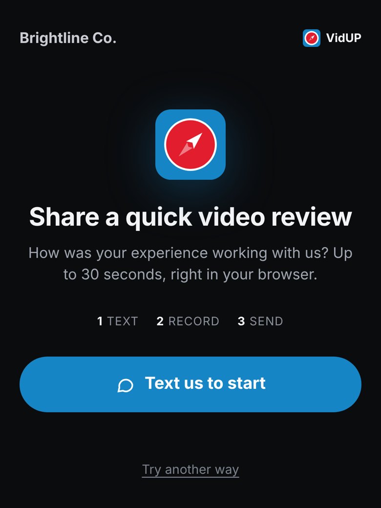 VidUP Reviews start page on a phone, with a Text us to start button